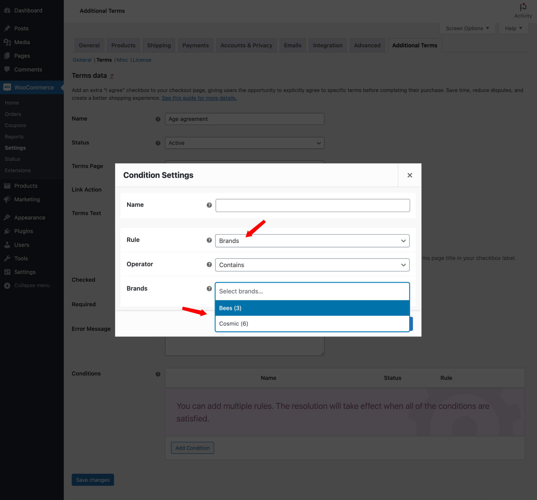 Restrict a terms checkbox by WooCommerce Brands