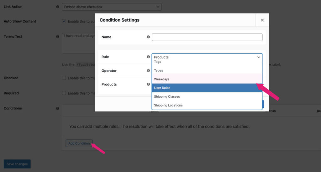 Weekdays and User roles condition rules