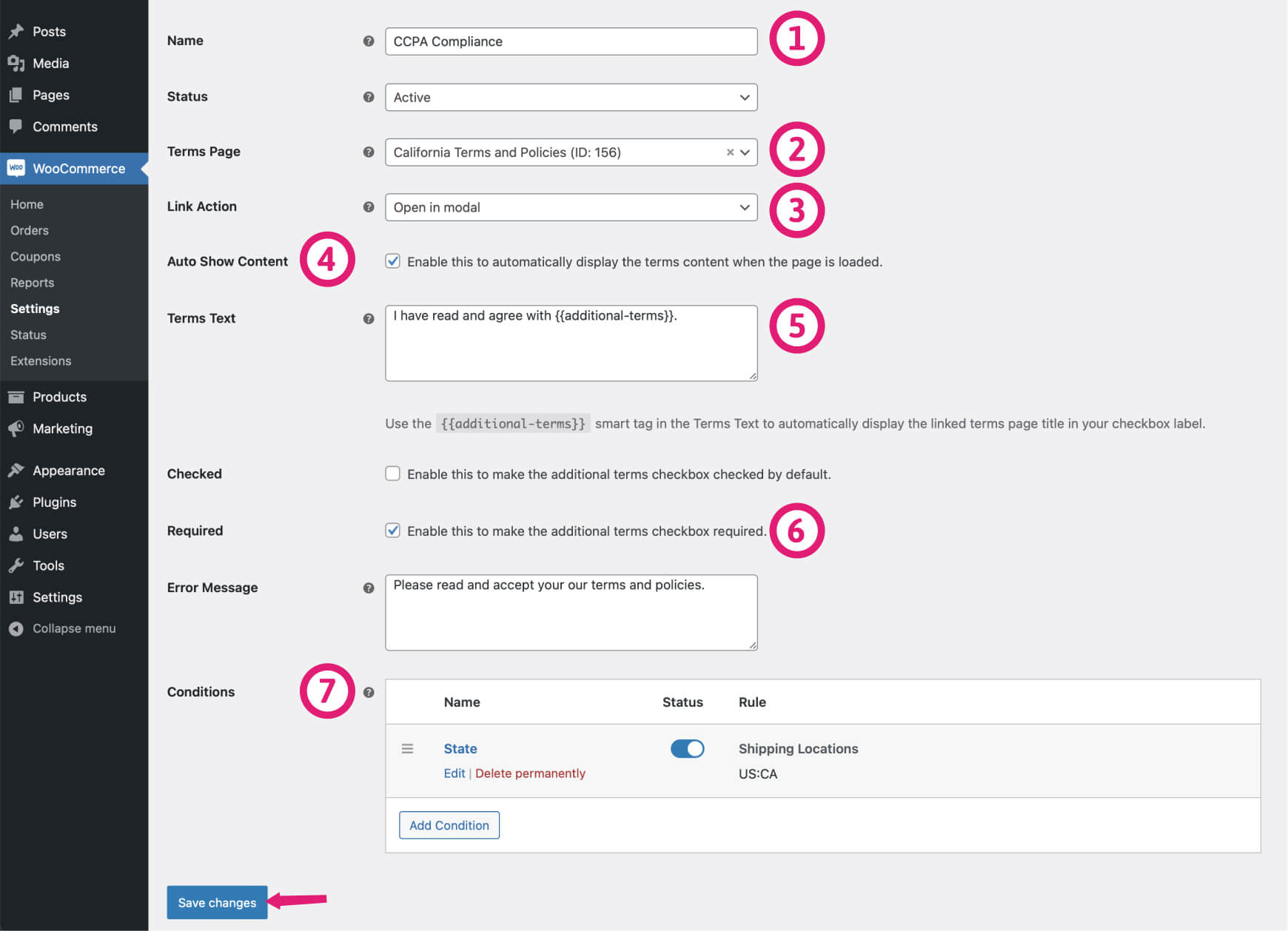 Adding California-specific terms and policies to WooCommerce checkout