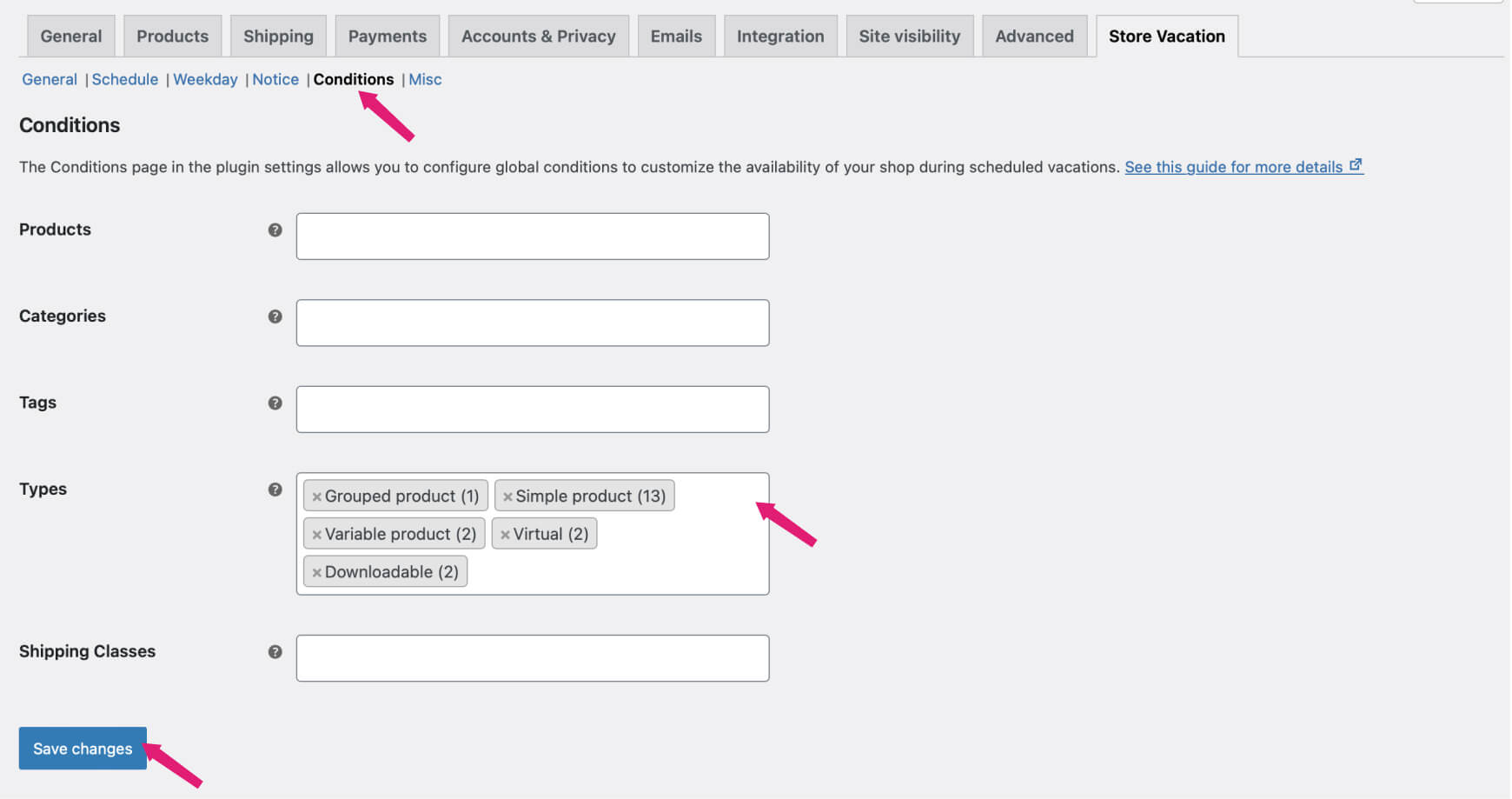 Conditions settings to keep products available during vacation mode