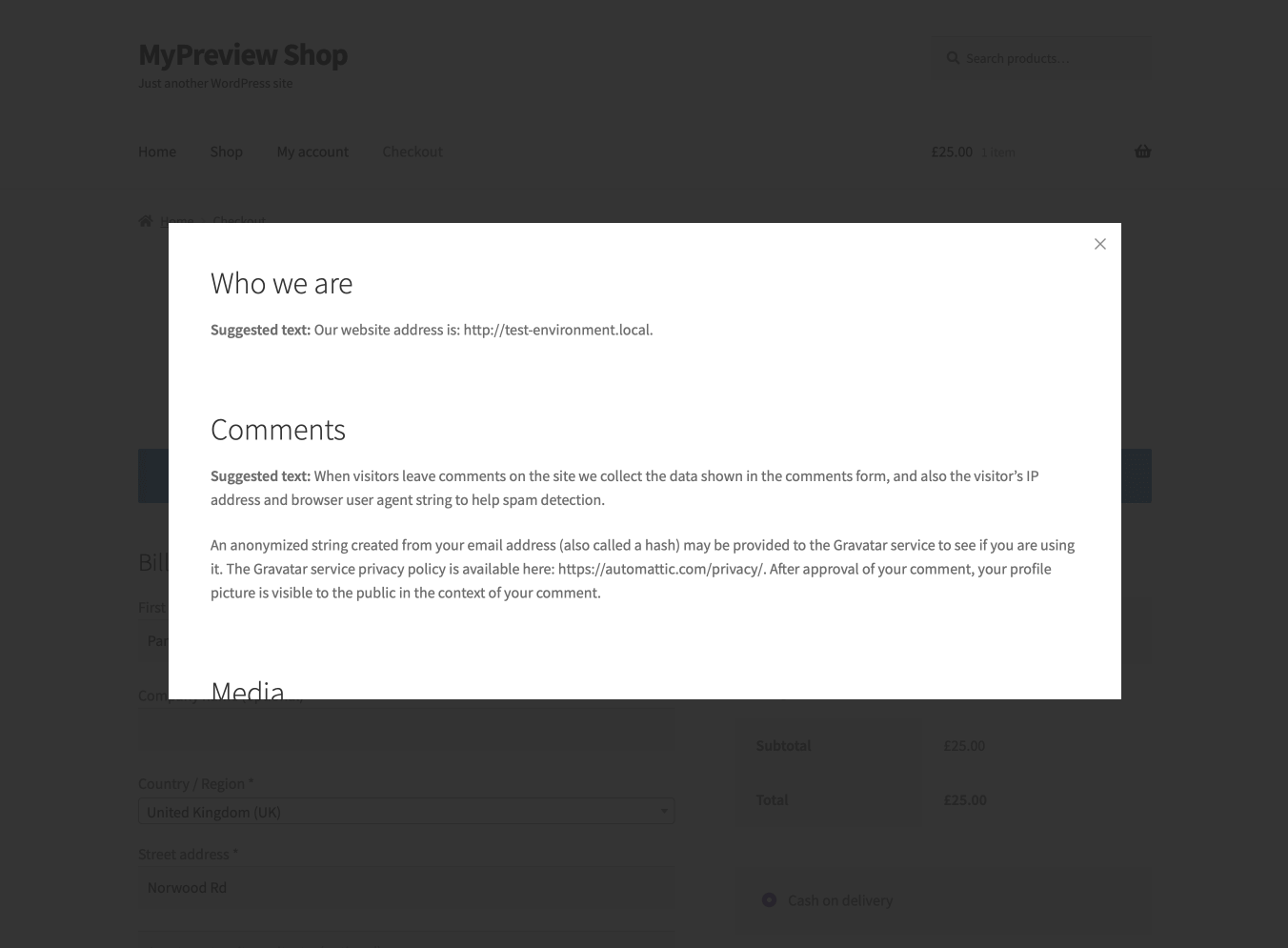 Display terms & conditions content on a modal openly on checkout