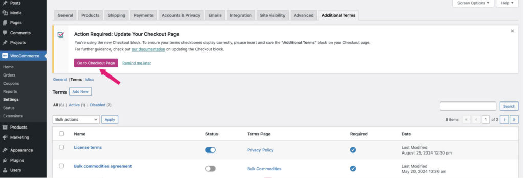 Notice for missing Additional Terms block in checkout