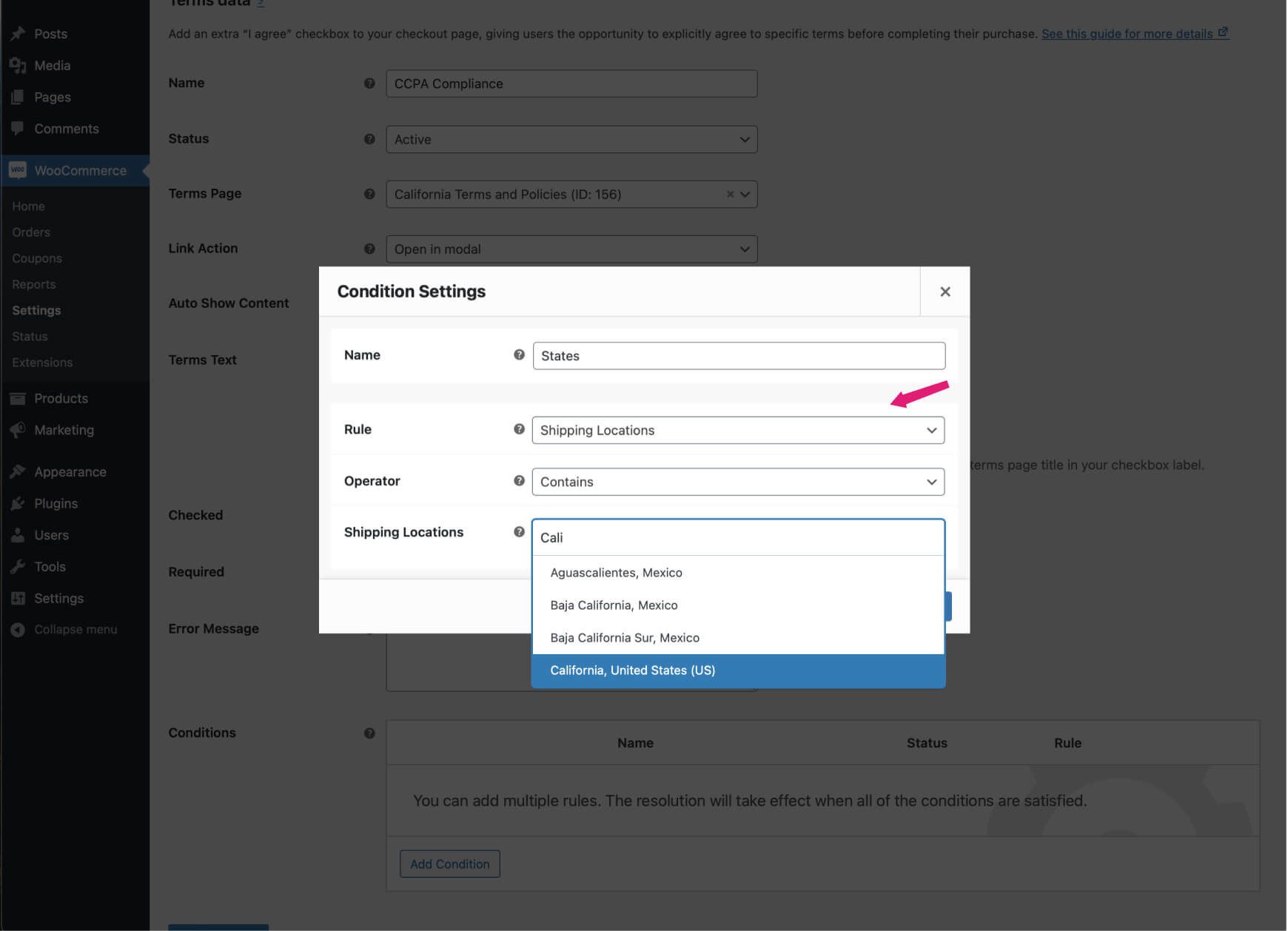 Restricting checkout terms and policies to California customers in WooCommerce