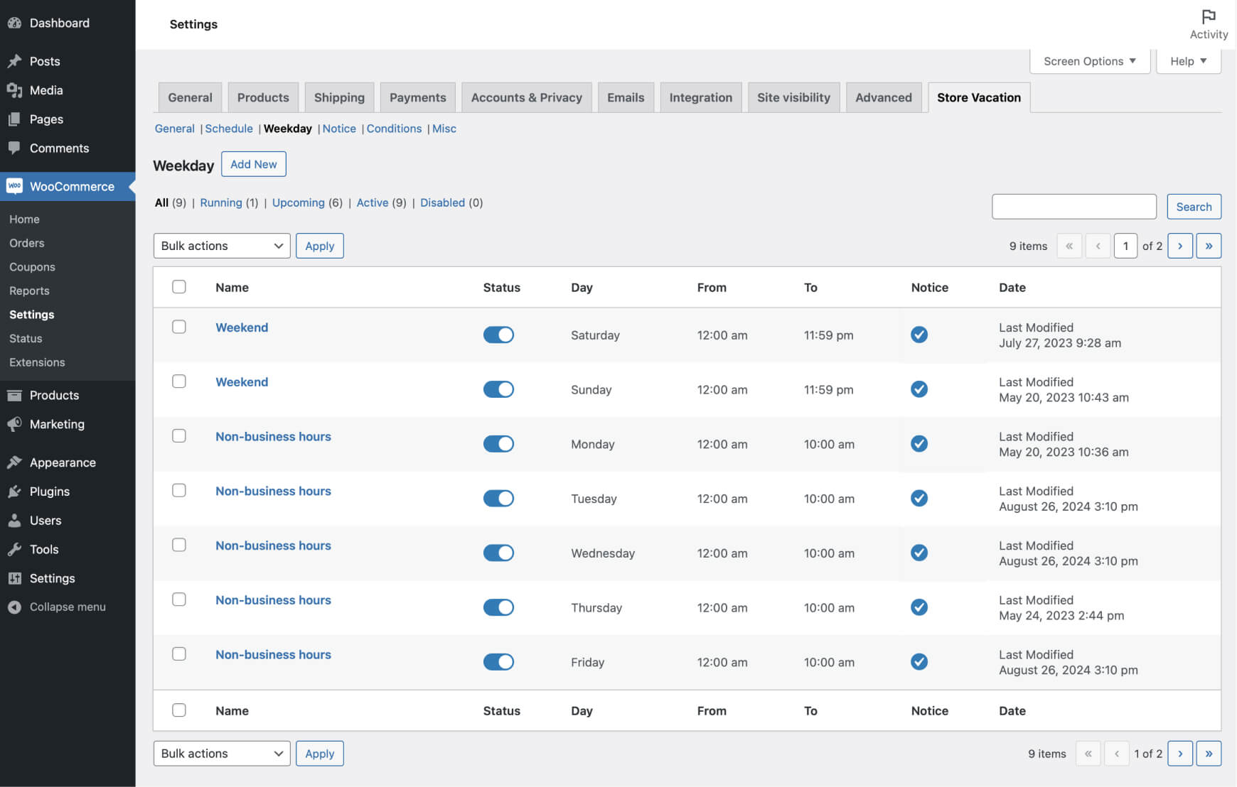 Setting up a weekday temporarily closing schedule in WooCommerce