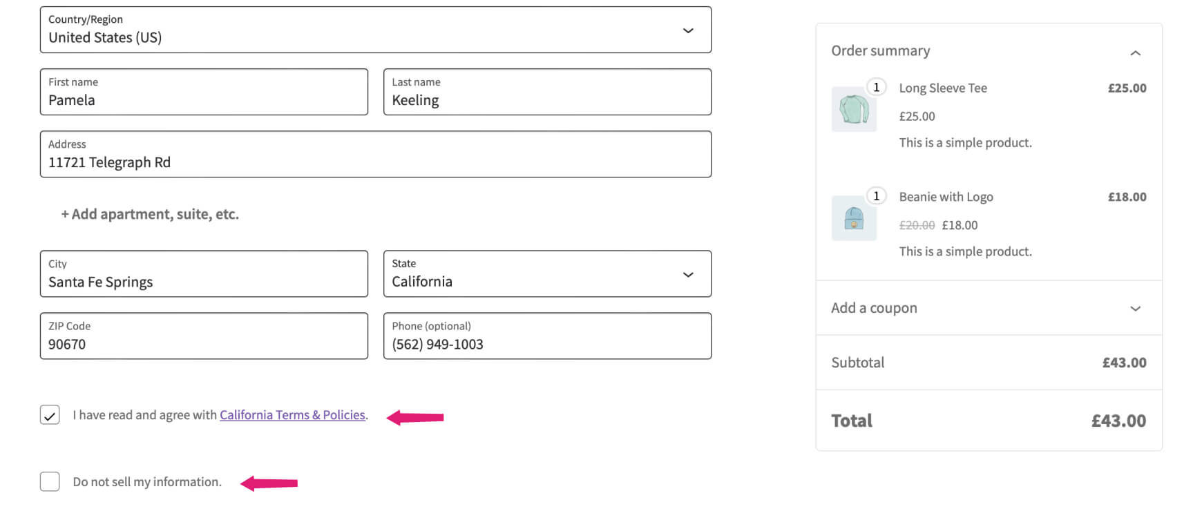 WooCommerce checkout page with 'Do Not Sell My Information' and 'California Terms and Privacies' checkboxes