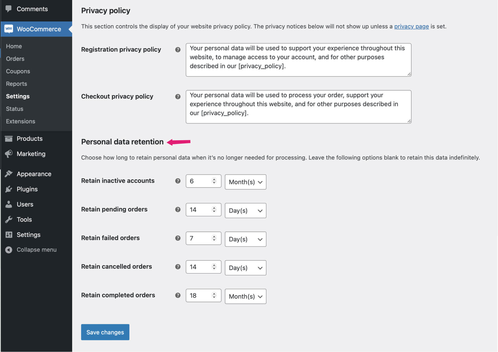 WooCommerce settings for personal data retention