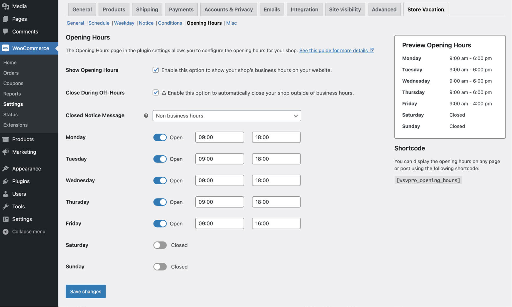 Store Vacation Pro settings for managing WooCommerce store opening hours