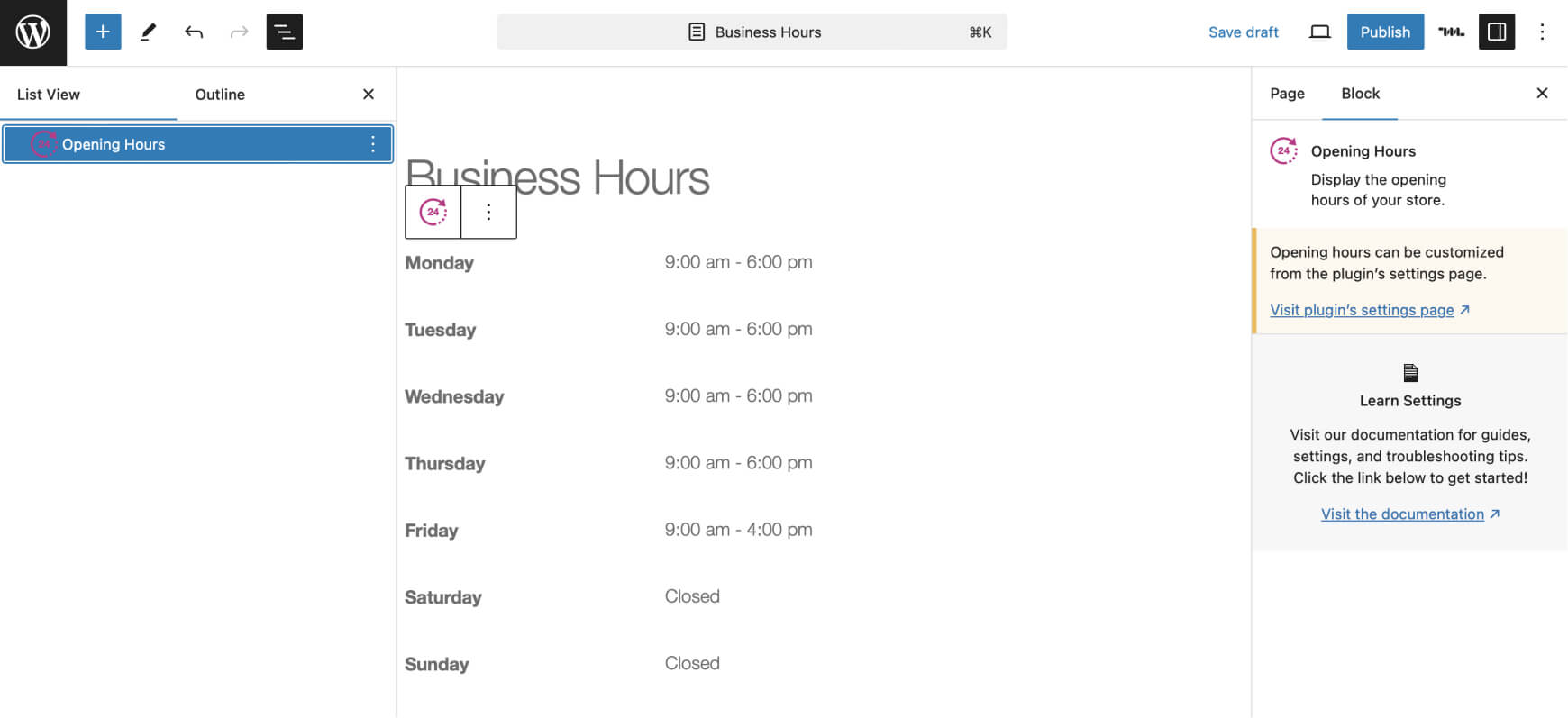 WooCommerce block for displaying store opening hours