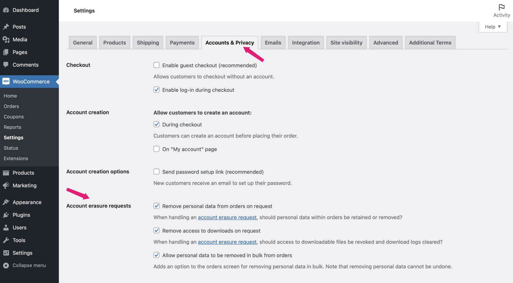 WooCommerce data removal settings for customer account erasure