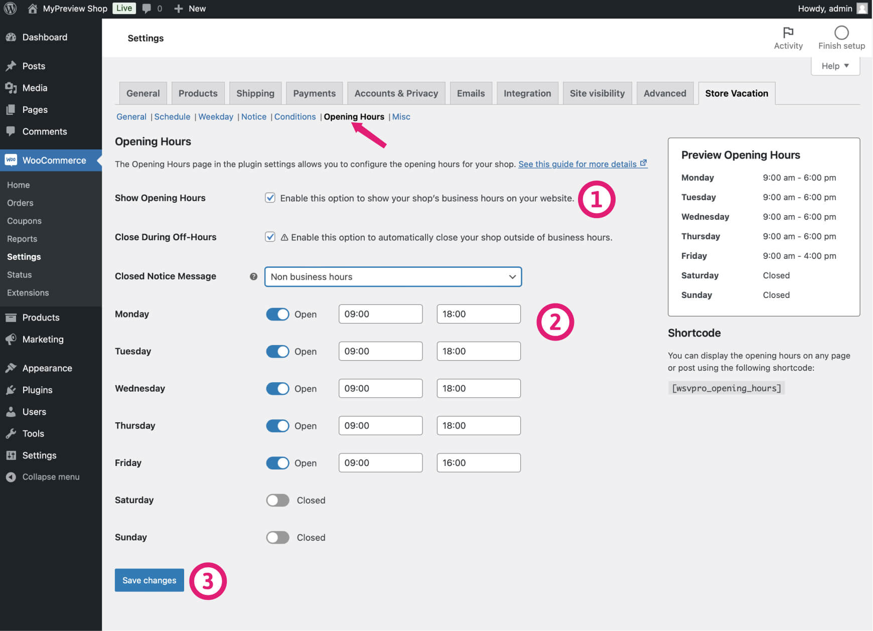 Interface showing the opening hours settings for customizing store availability.